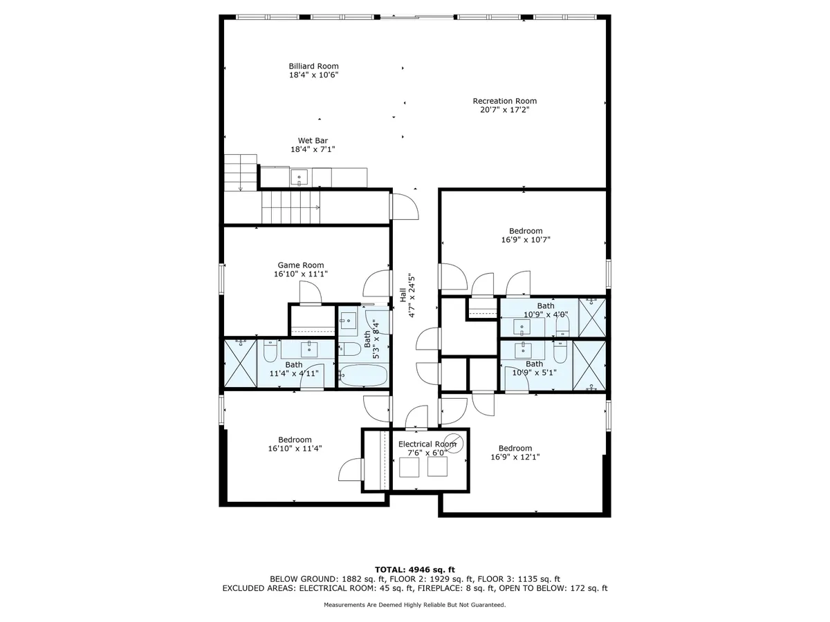 A lively interior recreation area showcasing a billiard room, wet bar, and game room, all connected within a spacious recreation room. The setup is clearly designed for group enjoyment, with space for games, socializing, and informal gatherings.