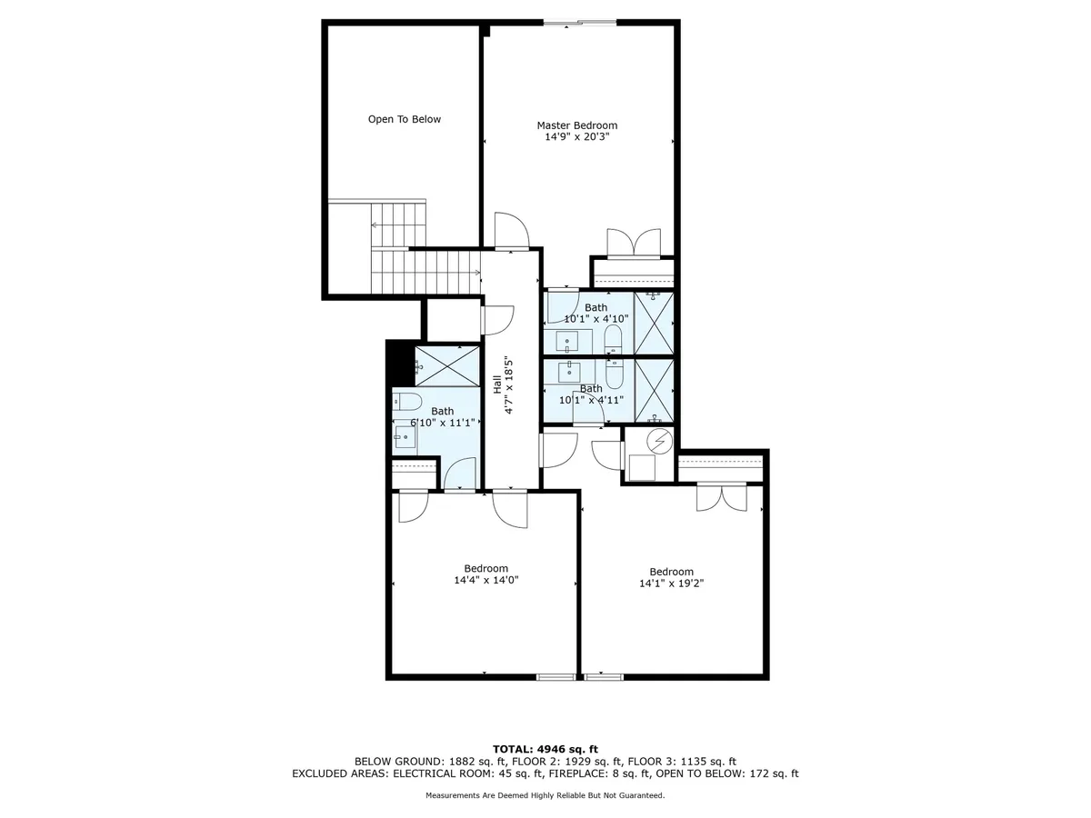 A view of a master bedroom with an open area connecting to bathrooms, highlighting both sleeping and bathing spaces. The image suggests organization, accessibility, and space for both individual relaxation and accommodating diverse guest needs.
